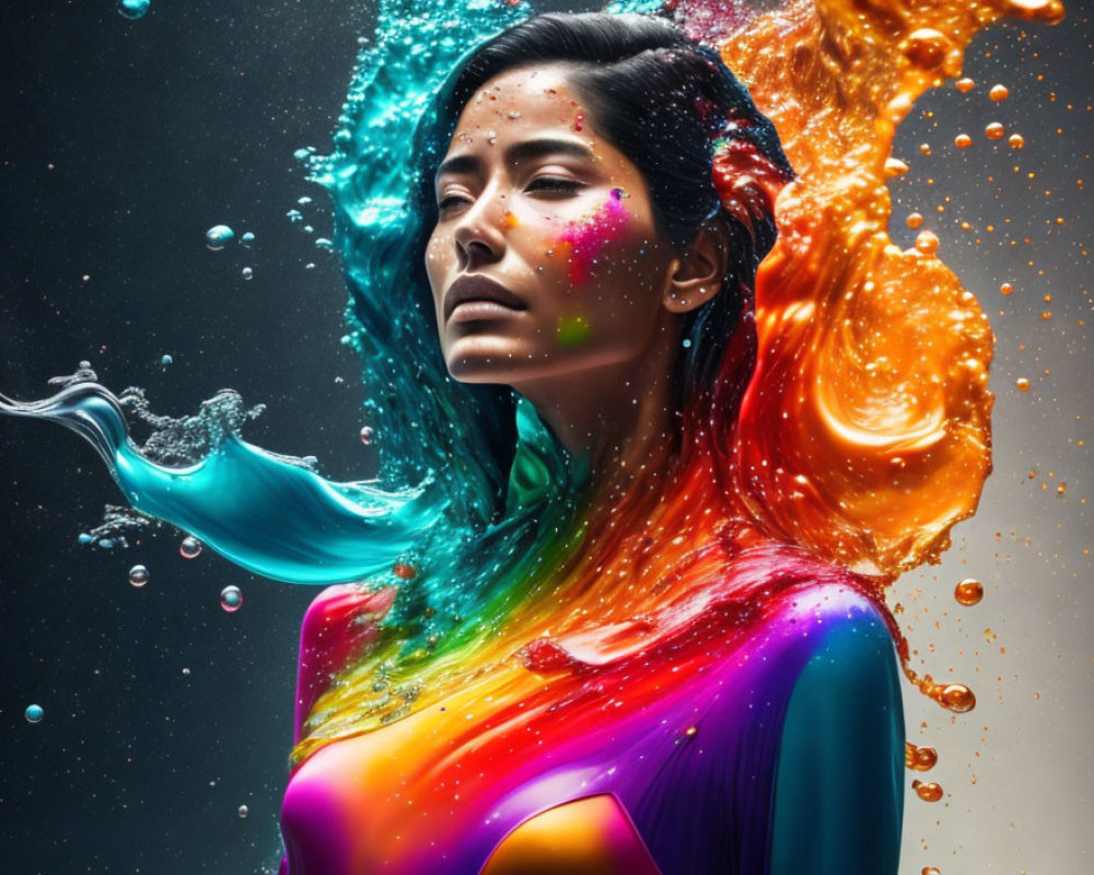 Colorful Woman with Swirling Water Droplets