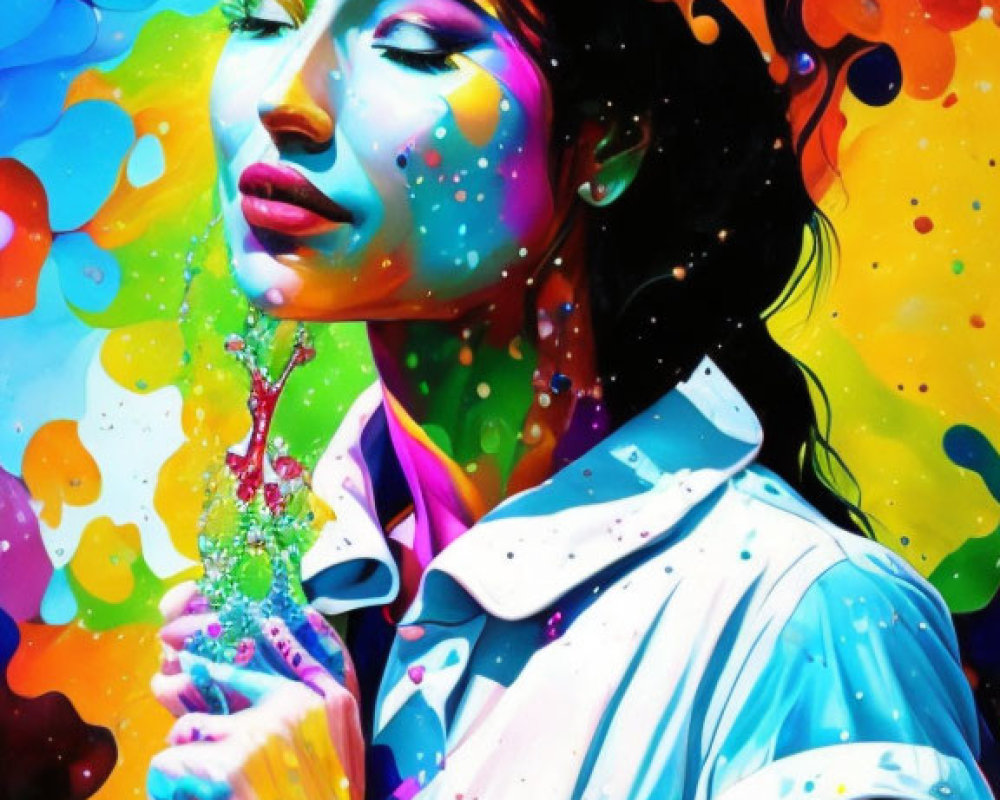 Colorful digital painting of woman with splashes and drips, holding sparkling flower