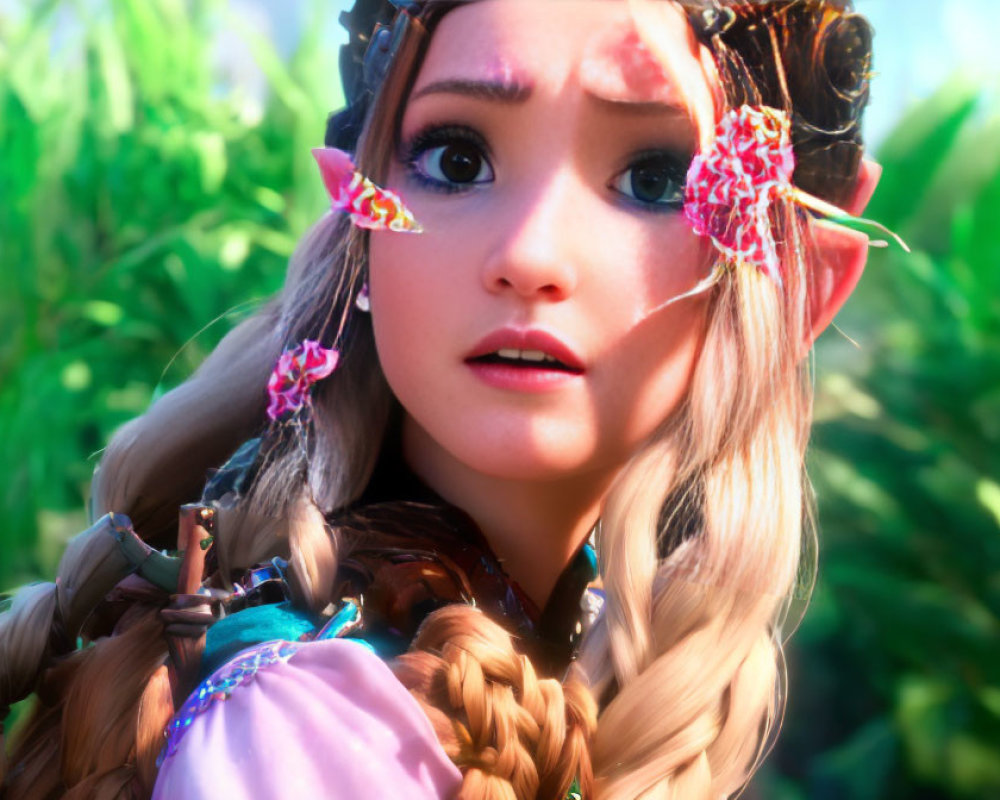 Close-up of animated female character with pointed ears and braided hair, adorned with butterflies, against lush