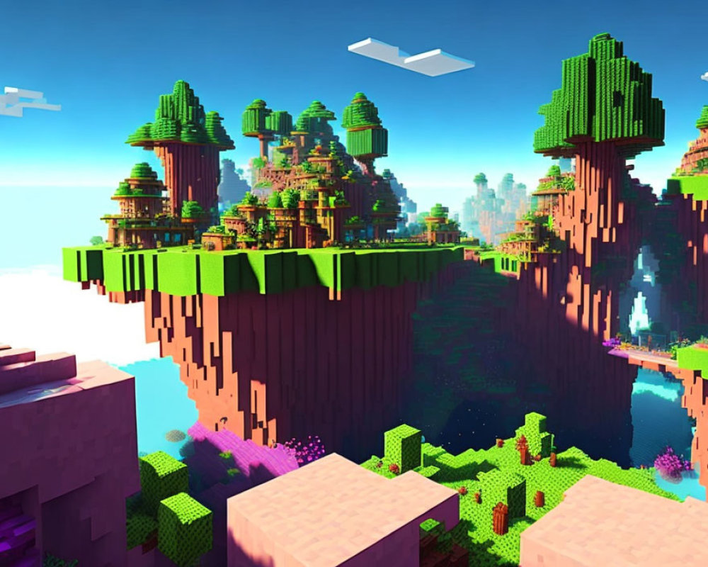 Pixelated floating islands with lush greenery and trees under a bright blue sky
