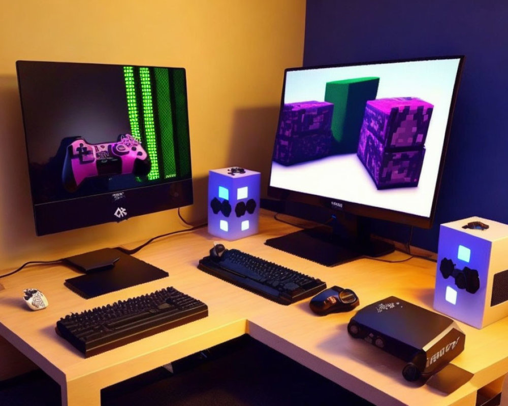 Dual-Monitor Gaming Setup with LED Lights & Customized Console Skins