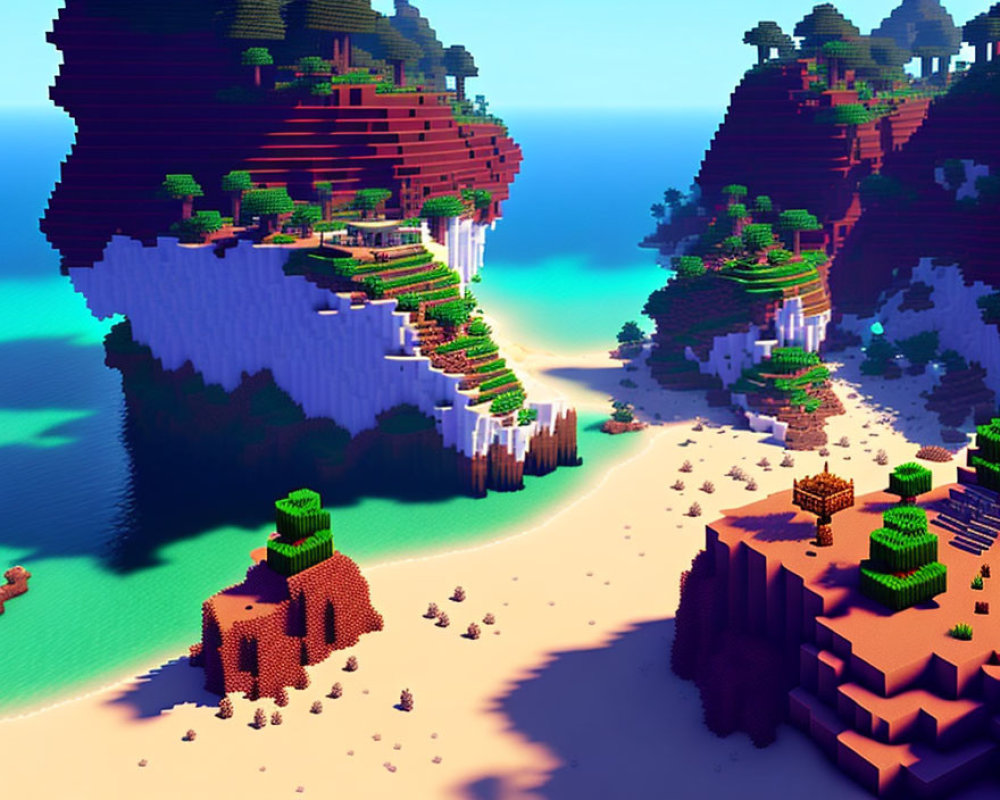 Colorful Voxel Landscape with Beach, Trees, Waterfalls, and Sky