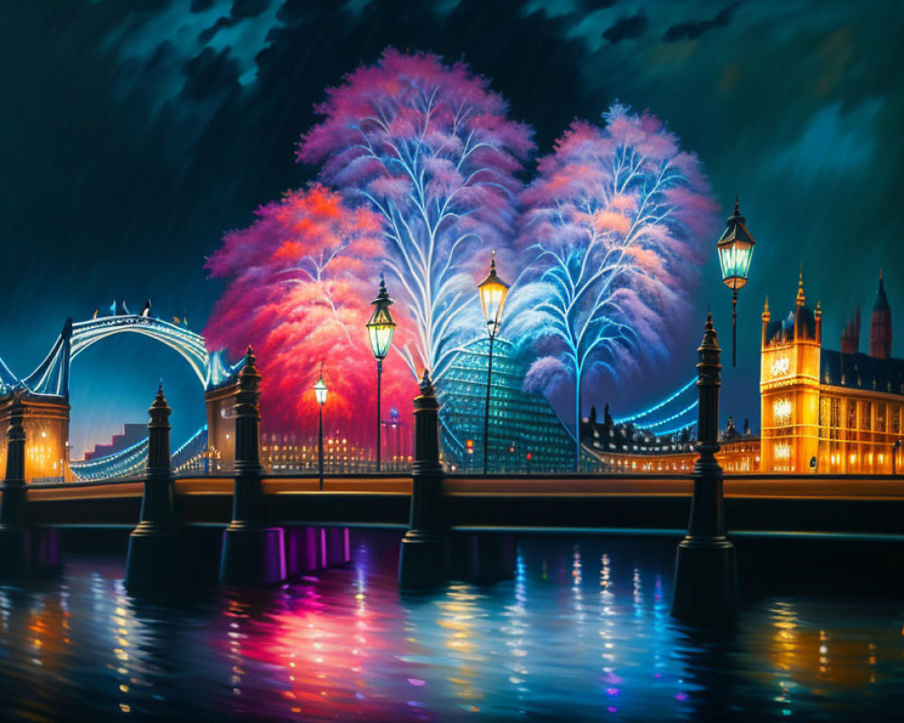 London Night Scene with Fireworks and Iconic Landmarks