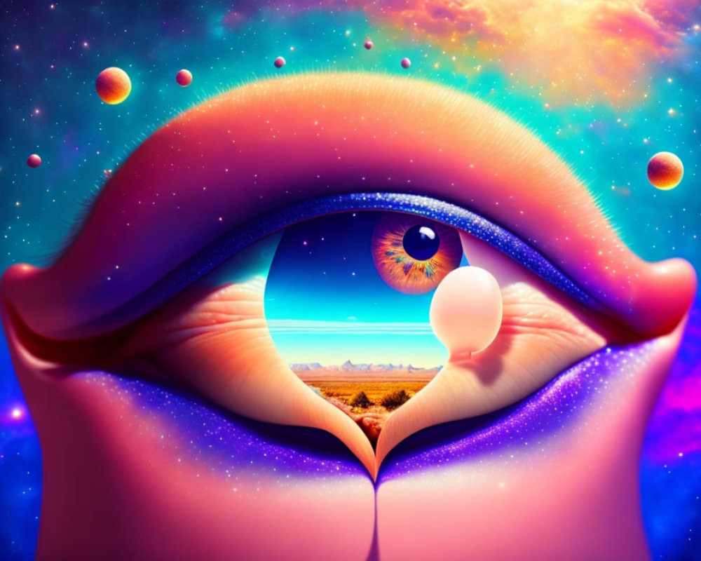 Colorful digital artwork of cosmic eye with nebulas and planets