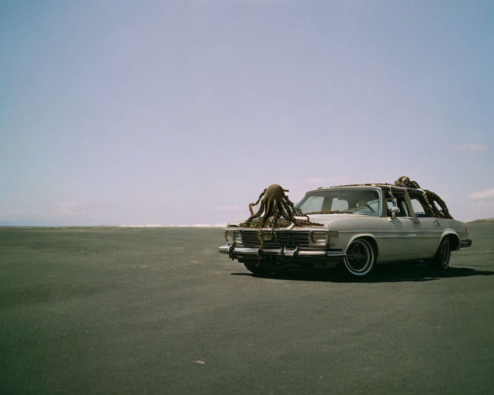 Vintage station wagon with oversized octopus tentacles on flat land