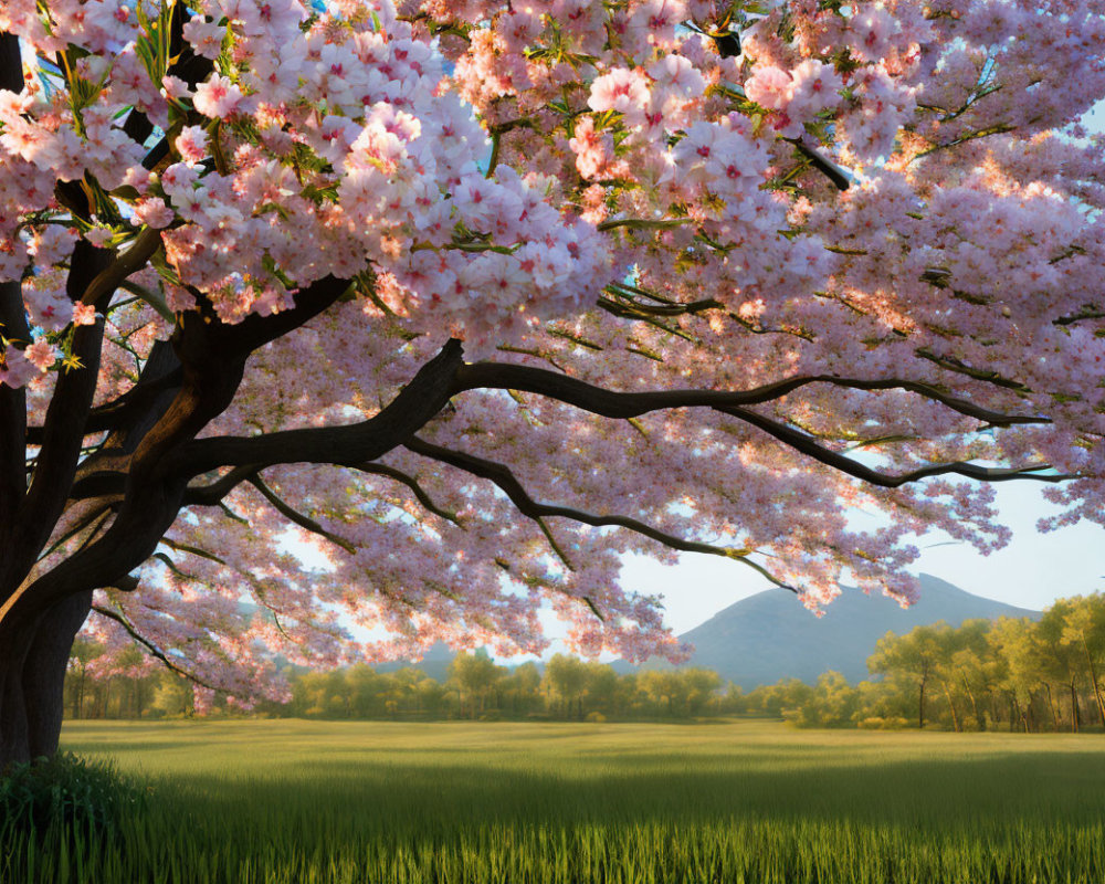 Pink Cherry Blossom Tree Overlooking Serene Meadow