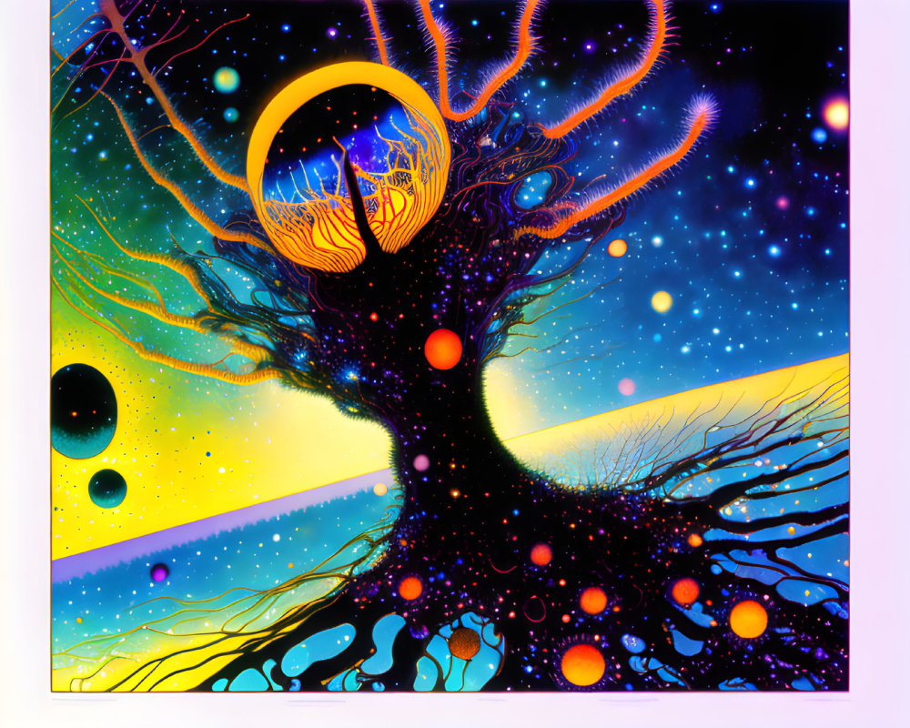 Vivid cosmic illustration: Glowing tree ring, planets, stars, galaxy swirls