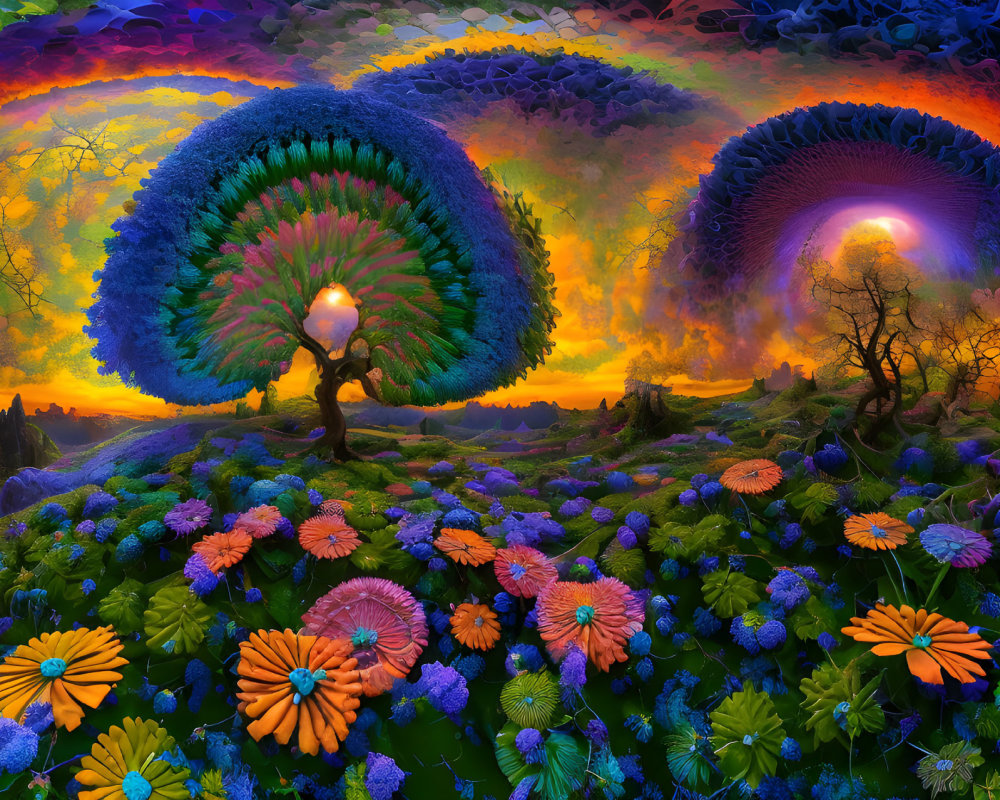 Colorful surreal landscape with spiral trees and fiery sky