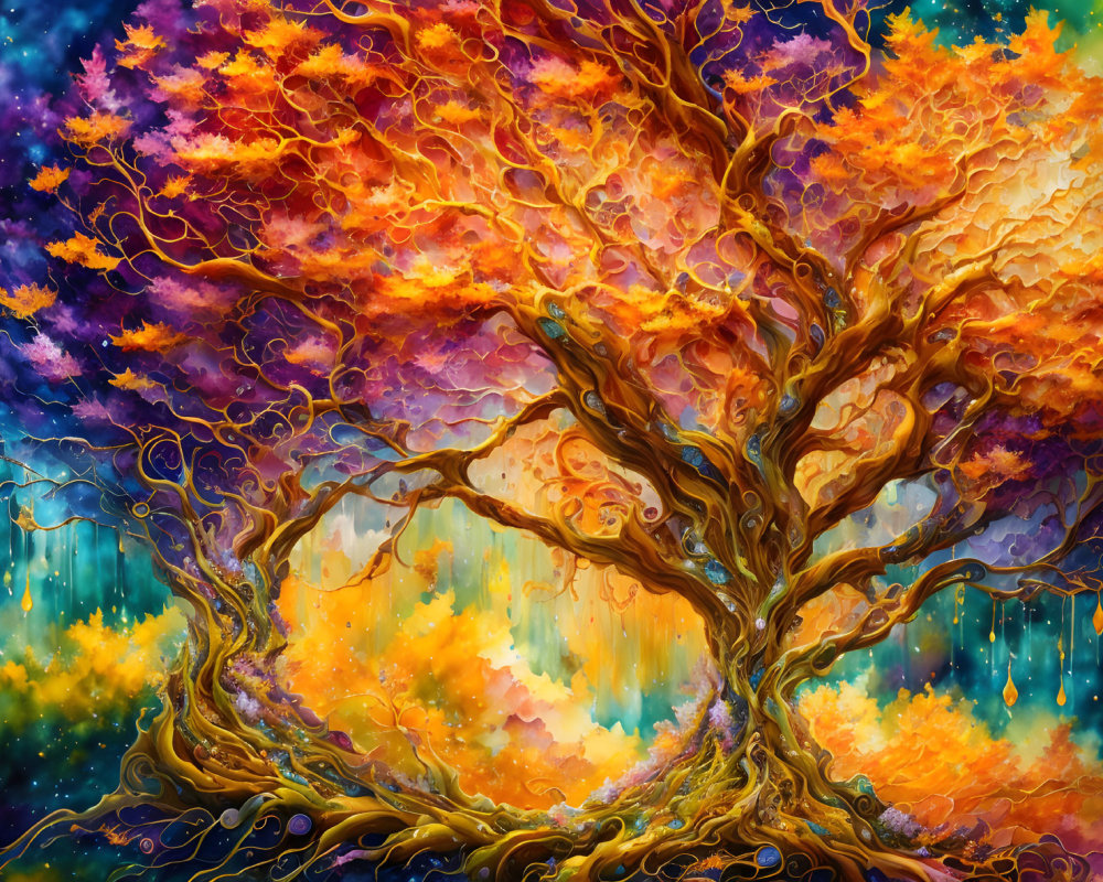 Colorful Magical Tree Illustration with Fiery Leaves on Celestial Background