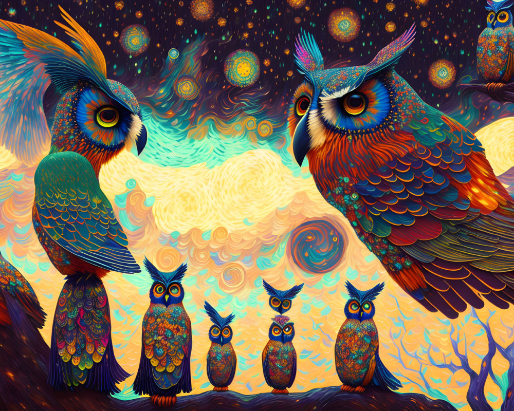 Colorful Psychedelic Owl Illustration on Celestial Background