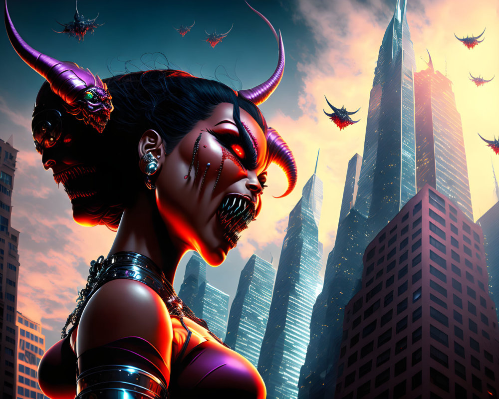 Demonic Woman with Two Heads in Dark Metallic Attire