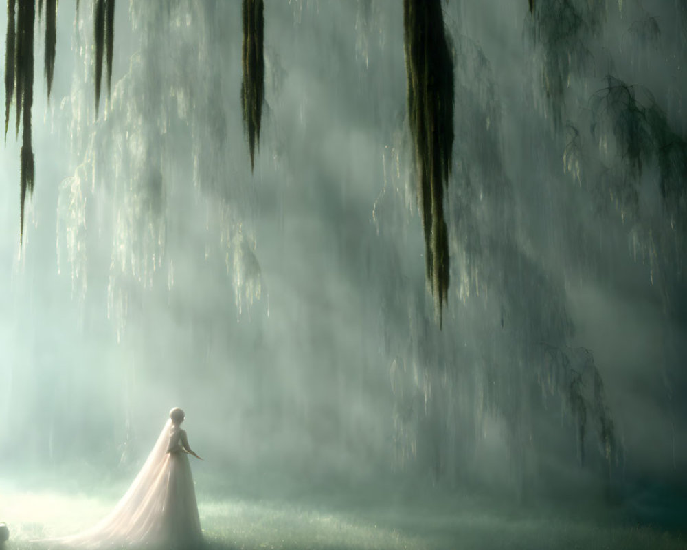 Bridal Gown in Misty Swamp with Glowing Moss