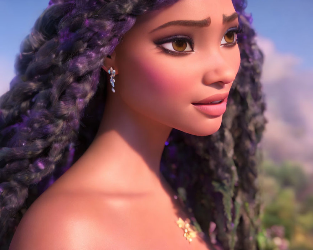 Voluminous Purple Braids on Animated Female Character