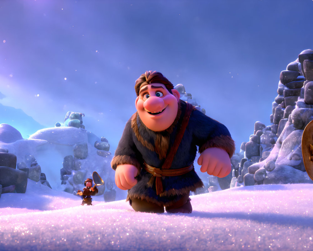 Snowy landscape with large and small smiling characters in animated scene