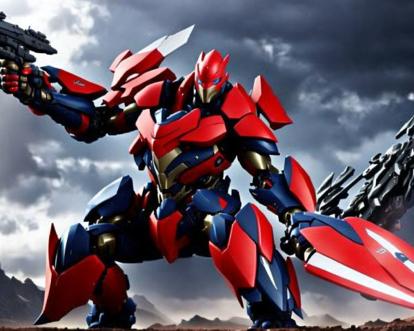 Red and Blue Mech Under Stormy Sky and Ominous Landscape