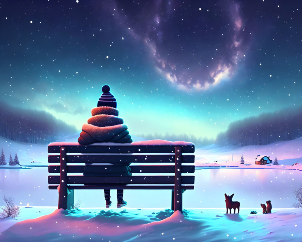 Person in Striped Hat on Bench with Wintry Night Sky and Celestial Phenomenon