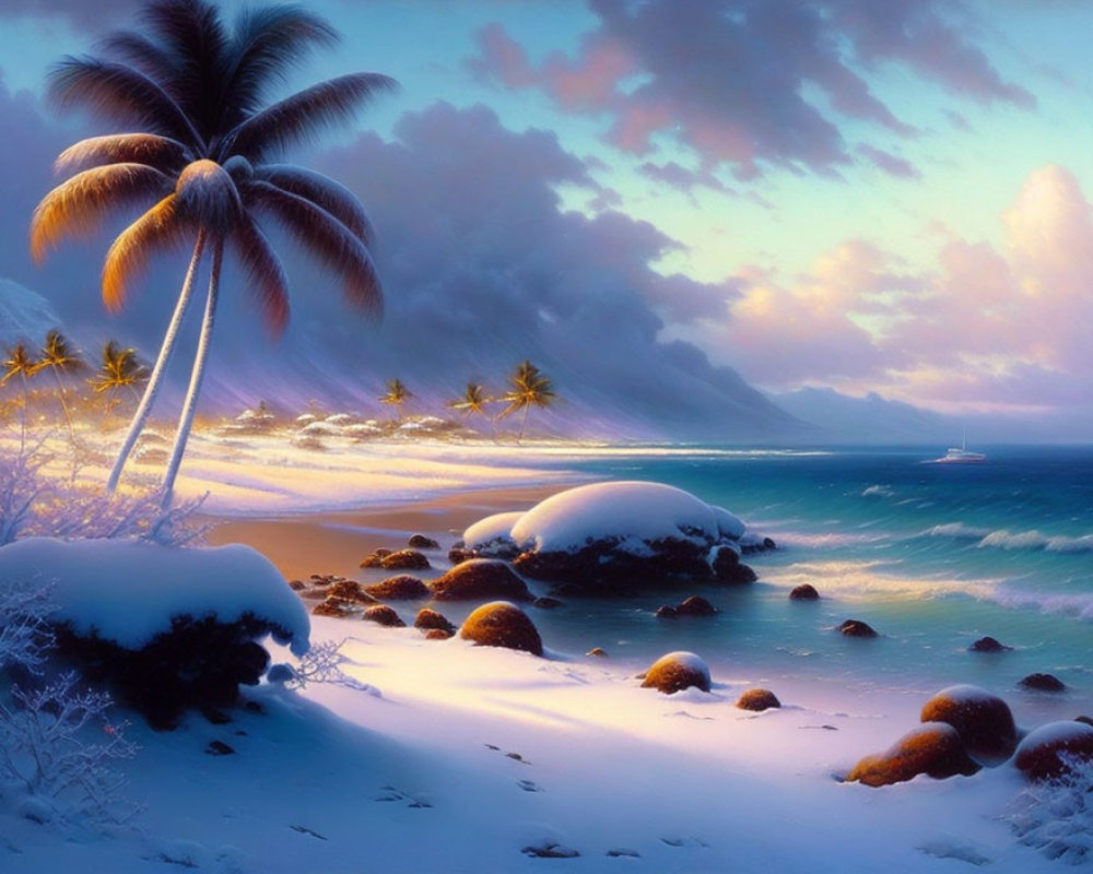 Tropical Beach at Dawn with Snowy Hills Background