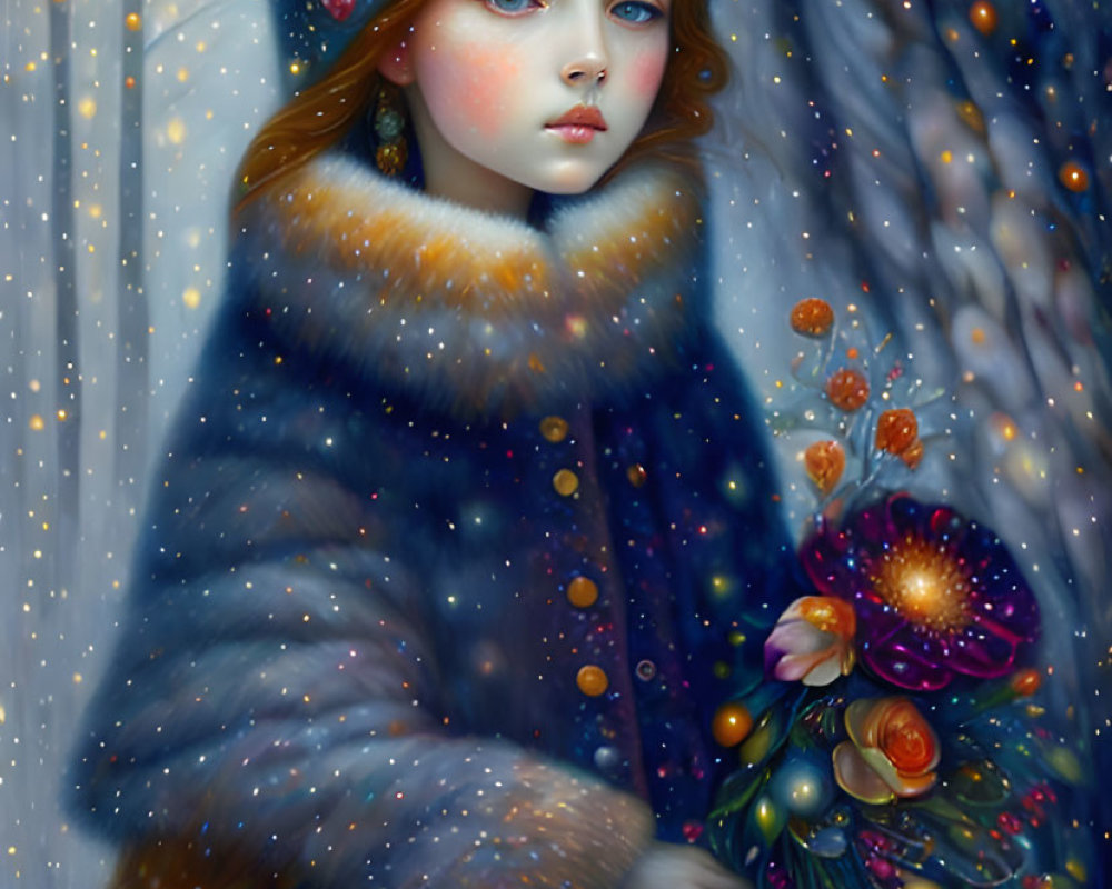 Young girl in snowy landscape with floral hat and coat