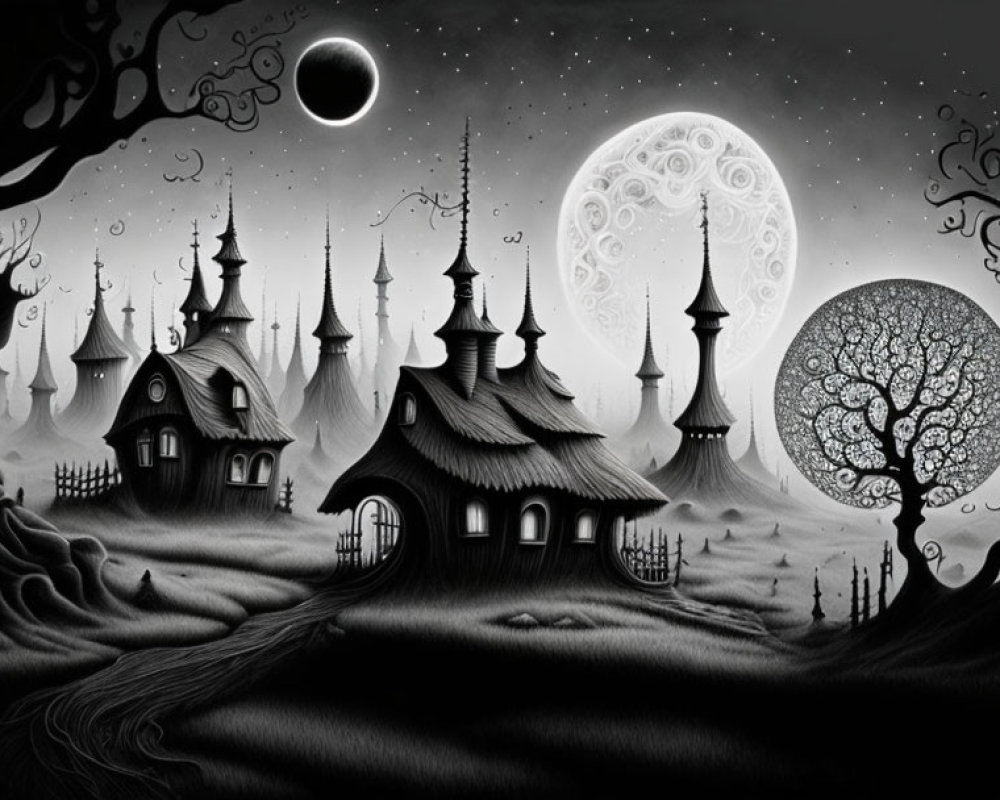 Surreal Black-and-White Landscape with Whimsical Elements