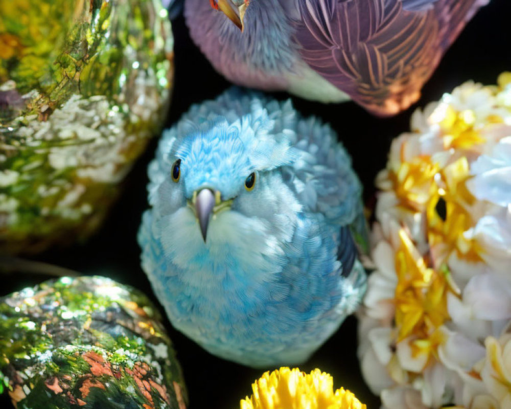 Vibrant Blue Bird Surrounded by Colorful Flowers