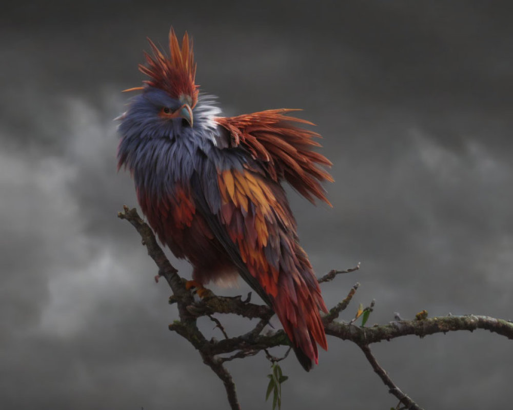 Vibrant Bird on Gnarled Branch Under Dramatic Clouds