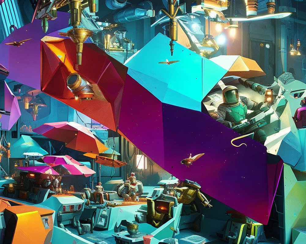 Abstract Cyberpunk Cityscape with Angular Shapes