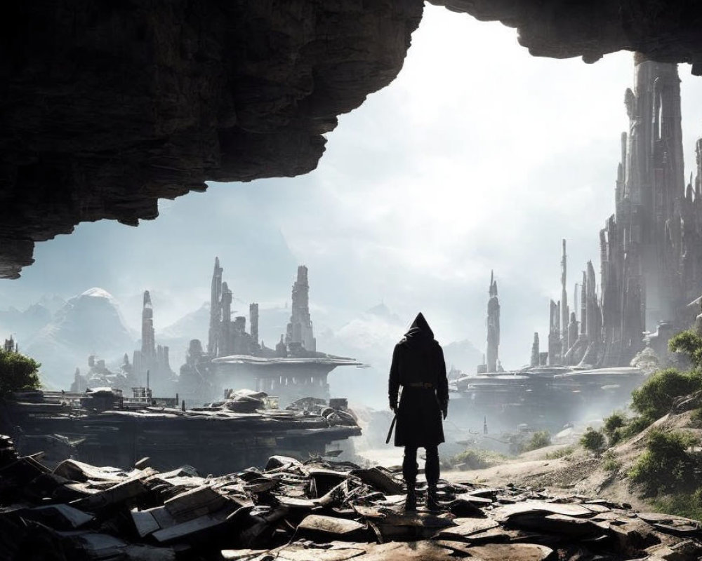 Cloaked figure at cave entrance views futuristic cityscape