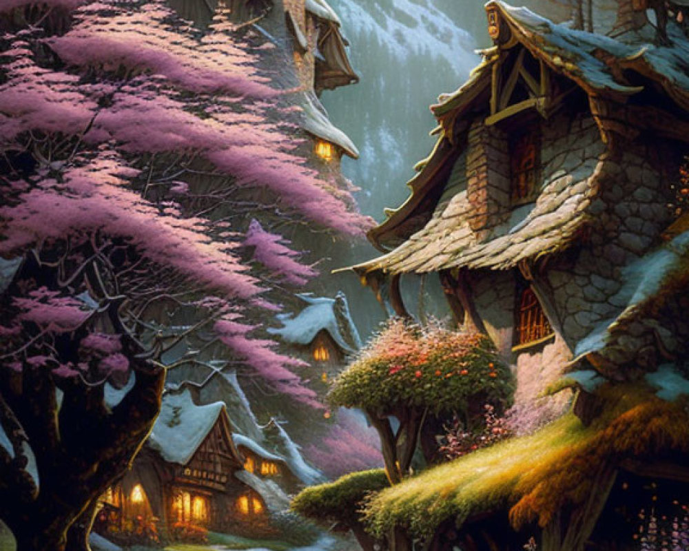 Fantasy Village in Mountainous Landscape with Cottages