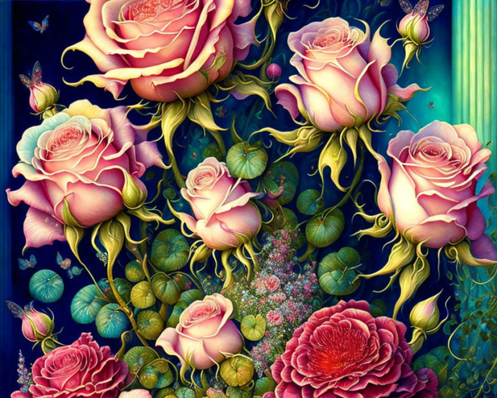 Surreal Artwork of Pink Roses and Butterflies