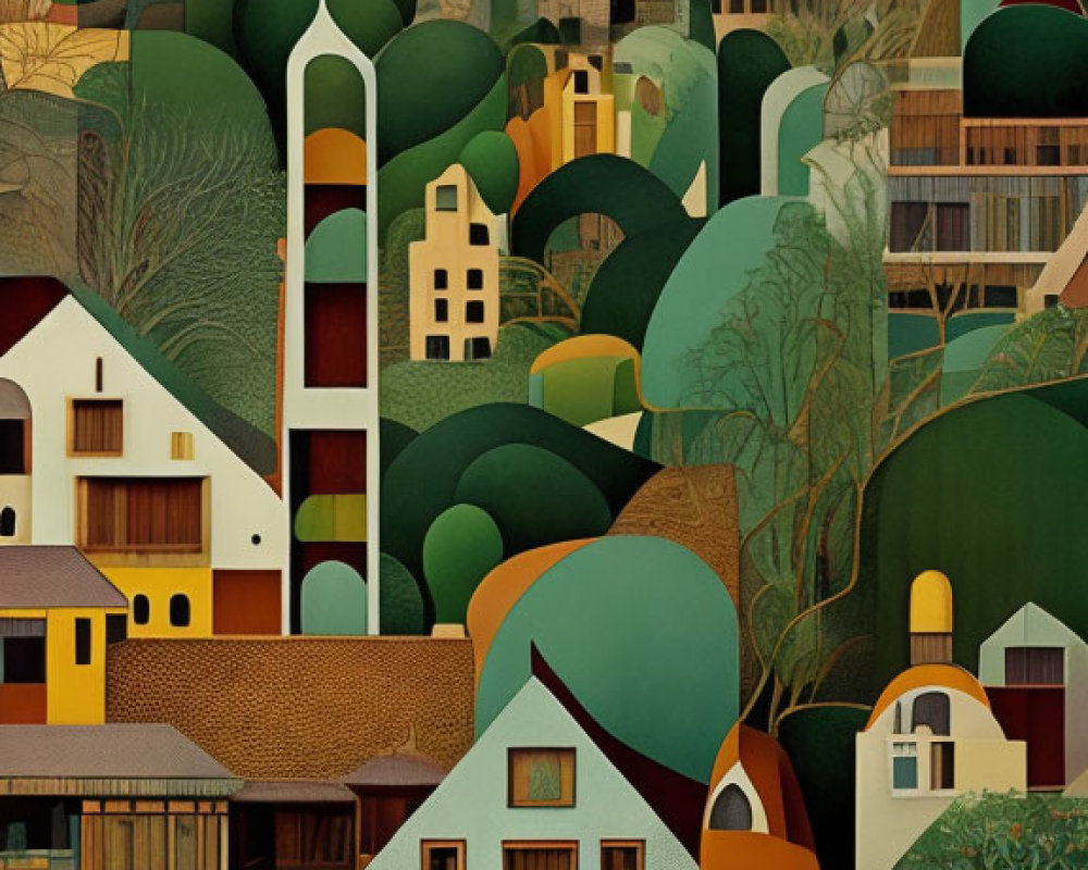 Stylized Landscape of a Serene Village in Nature