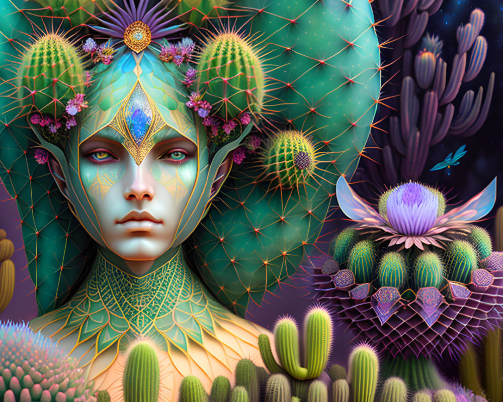Surreal Figure with Cactus Features and Vibrant Flora