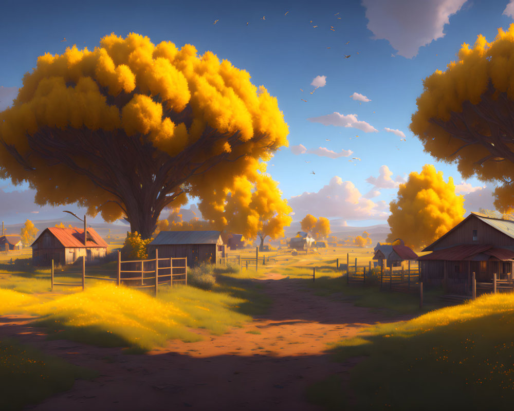 Tranquil Countryside Scene with Golden Trees and Cabins
