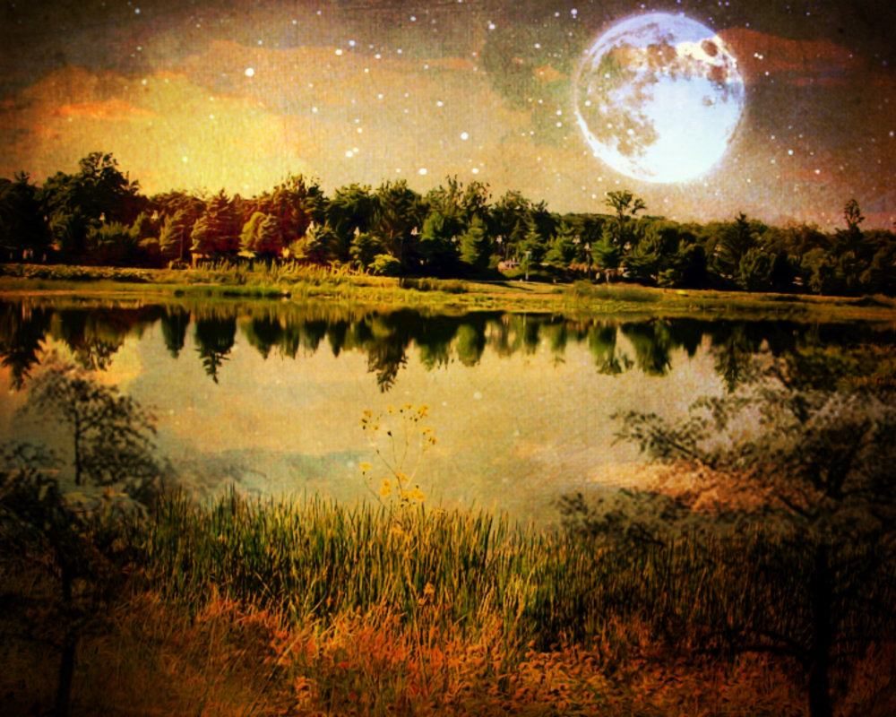 Vibrant Landscape with Sunset, Lake, and Silhouetted Trees | Deep Dream ...