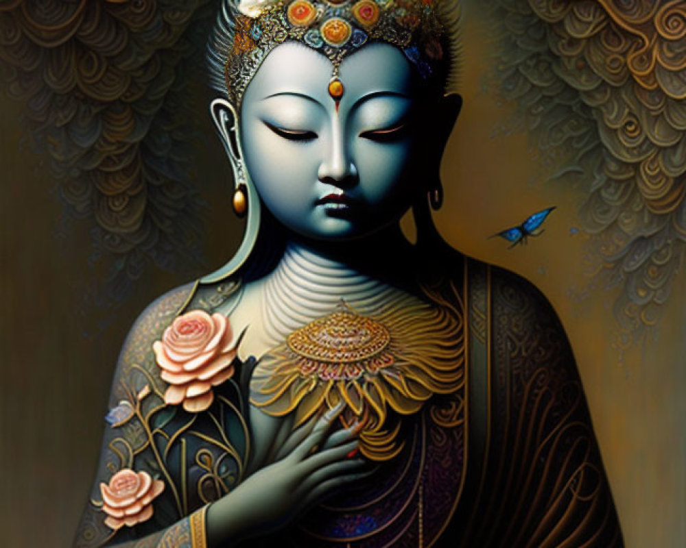 Serene Buddha Figure with Intricate Patterns and Details