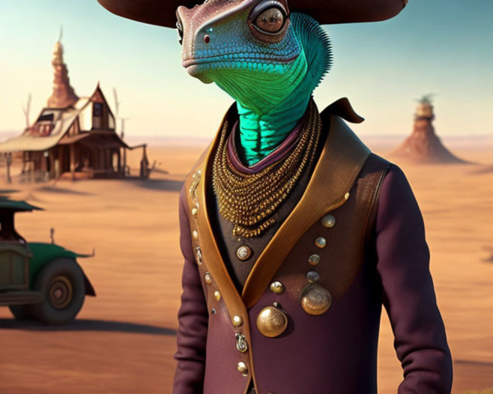 Vibrant Lizard Character in Desert Landscape with Cowboy Hat
