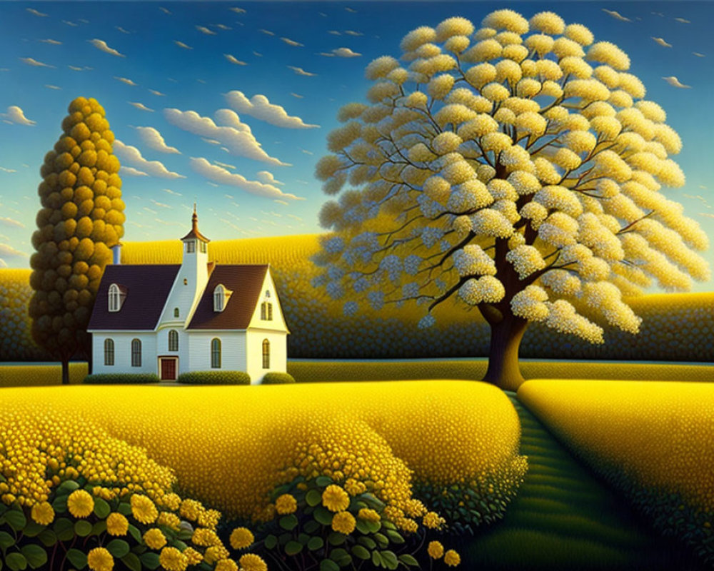Charming White House in Vibrant Countryside Scene