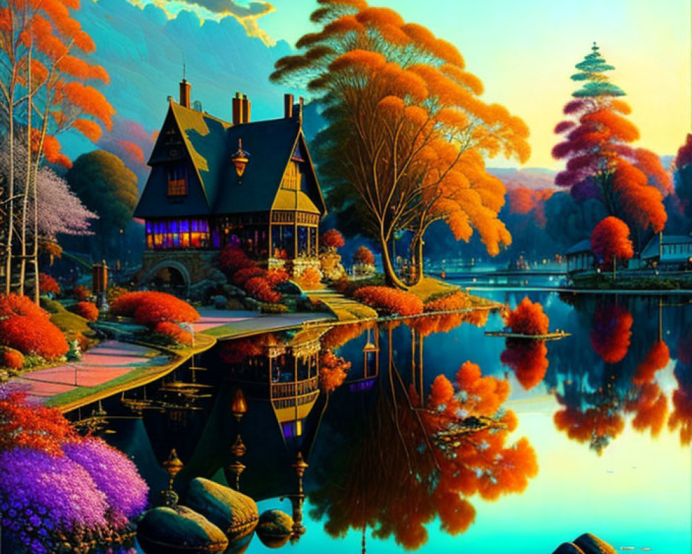 Charming House by Serene Lake in Autumn Landscape