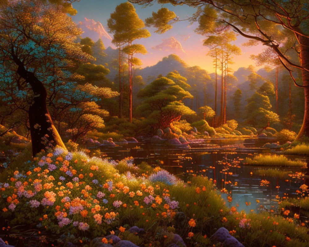 Serene Dawn Landscape with River and Lush Nature