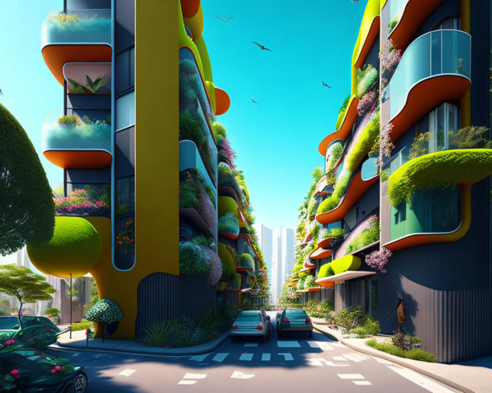 Futuristic urban street with green vertical gardens and cars under blue sky