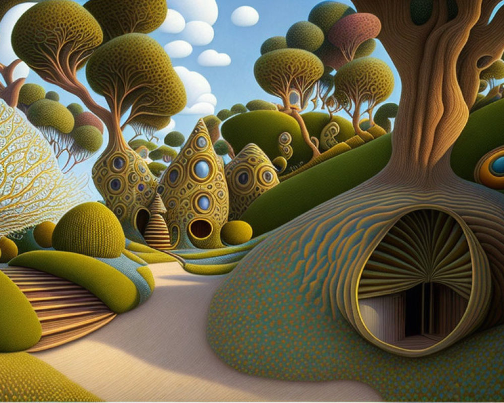 Whimsical surreal landscape with spiral trees and tree trunk house