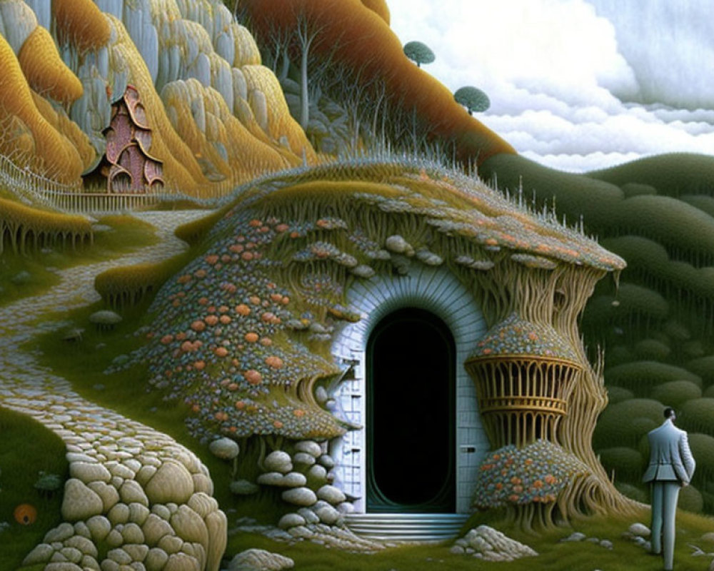 Surreal landscape with man in suit, whimsical house, undulating terrains, and whims