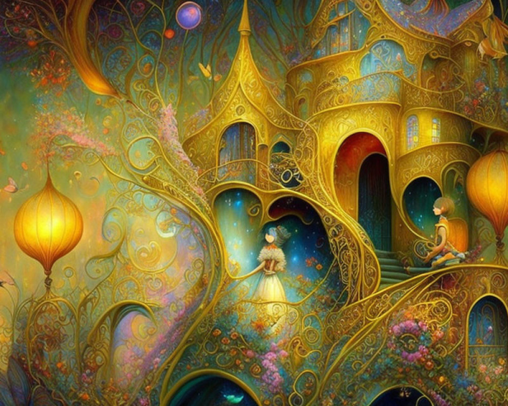 Fantastical golden treehouse with glowing windows and whimsical characters
