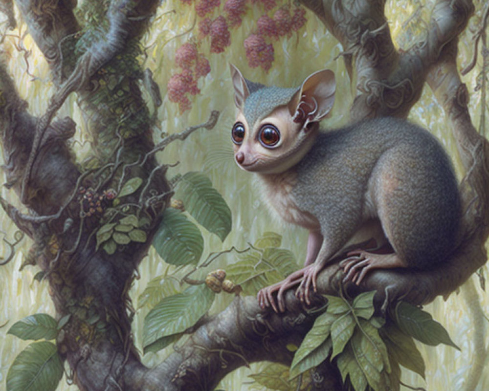 Whimsical creature with large eyes in lush greenery and pink-hued flora