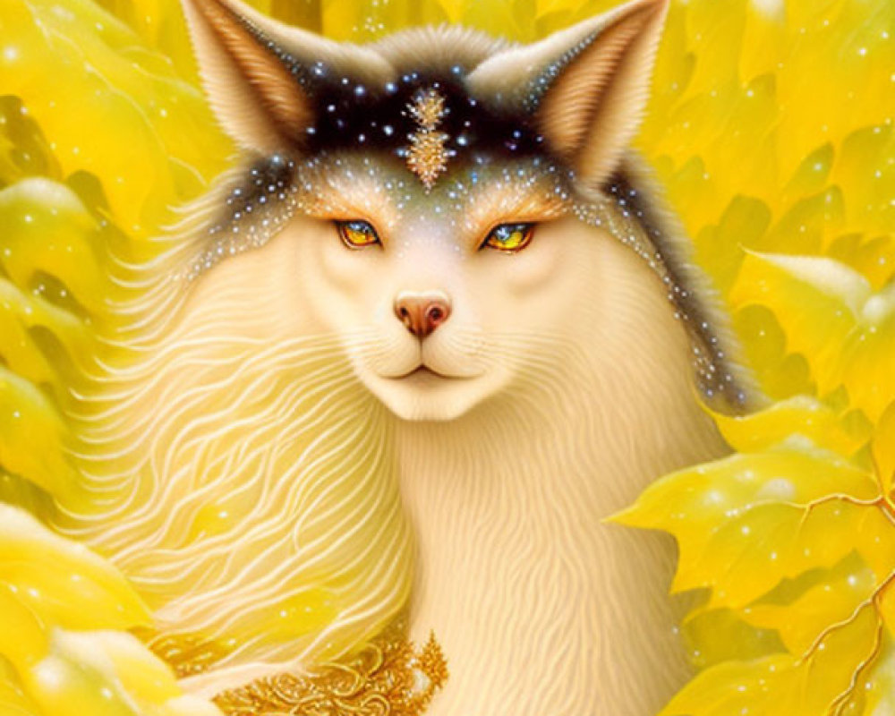 Mystical feline creature with cosmic and autumnal motifs