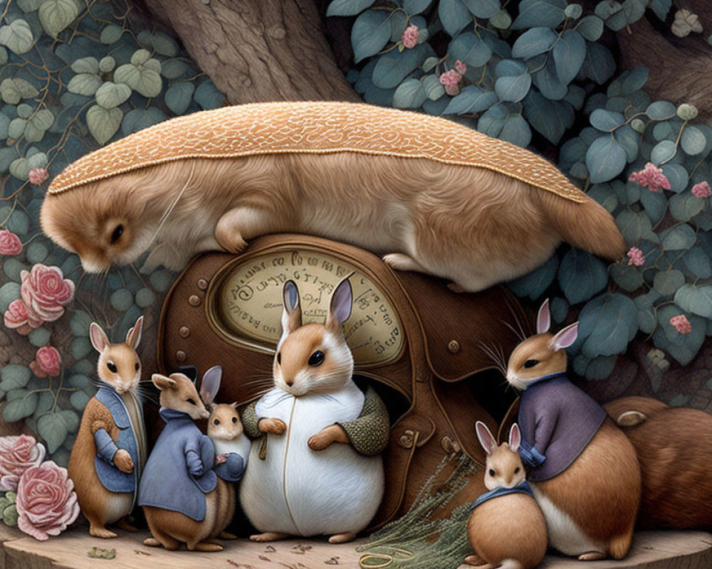 Anthropomorphic rabbits in clothes with pocket watch under mushroom cap