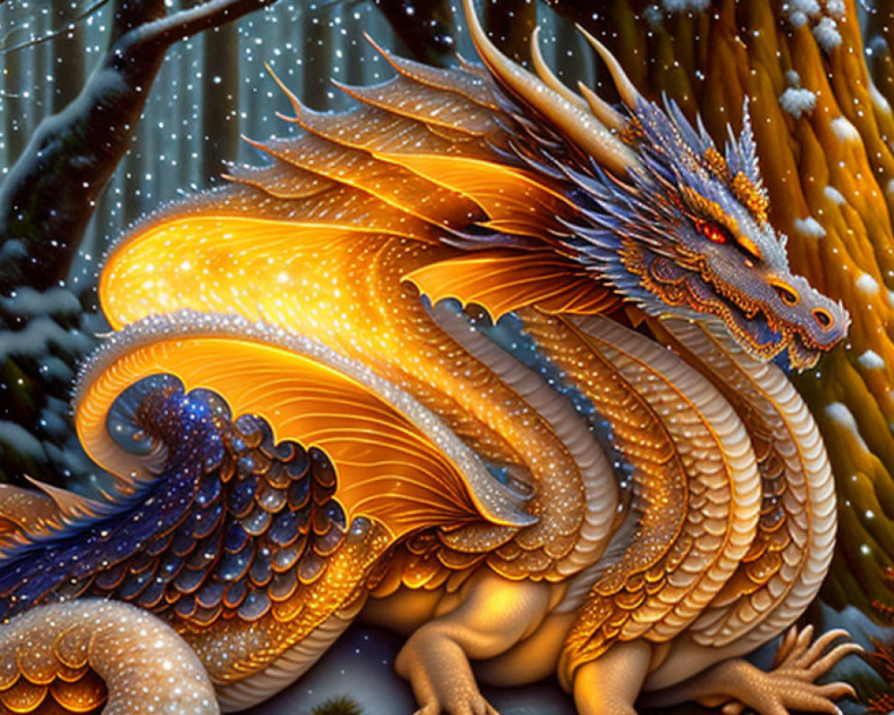Golden dragon with blue and orange scales in snowy forest with twinkling stars