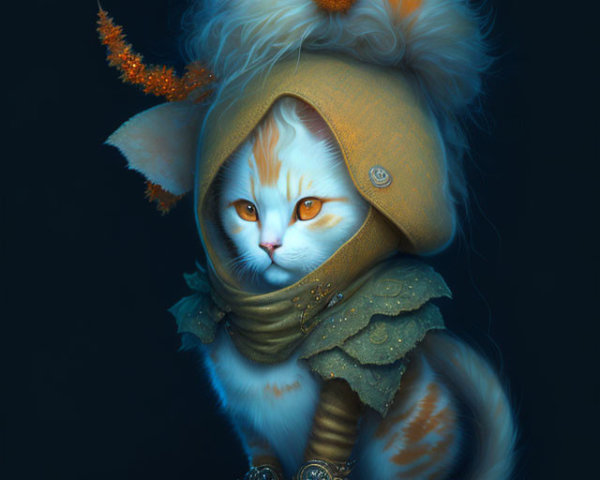 Illustrated mystical cat in fancy attire on dark backdrop