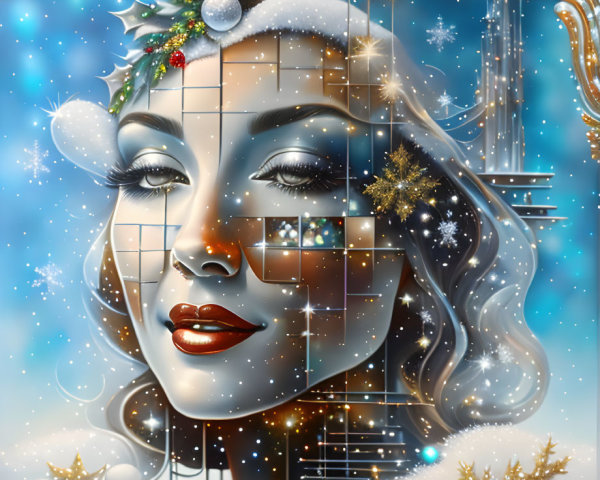 Winter-themed digital art of a woman with musical elements