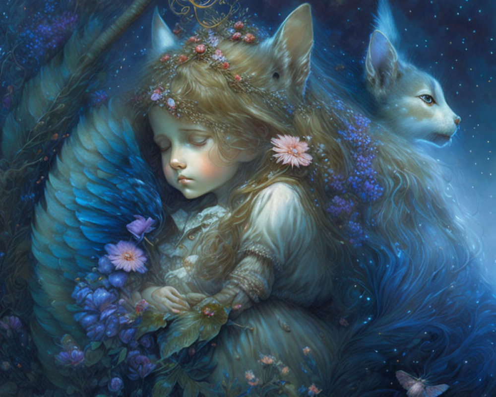 Child with angelic wings sleeping peacefully with mystical fox in fantasy illustration