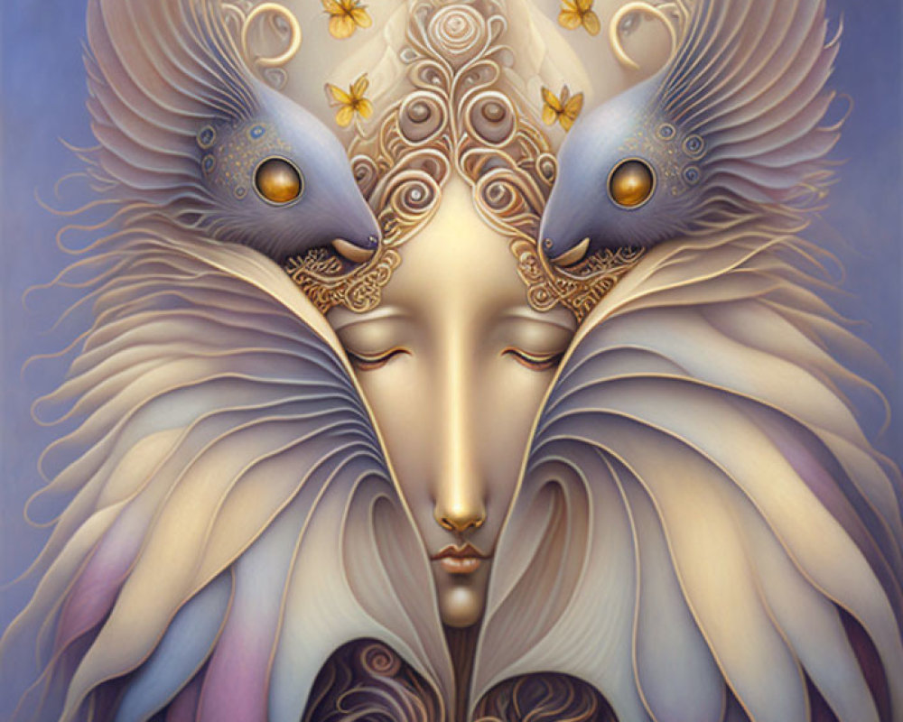 Serene face with feather-like patterns and peacock motifs in golden butterfly setting
